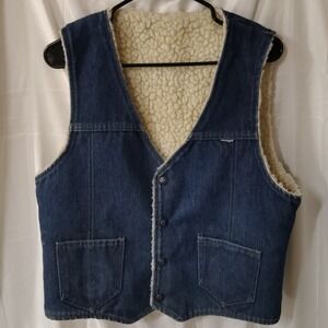 Vintage Nelson Sherpa Lined Denim Vest Mens Large Western Ranch Workwear Cowboy